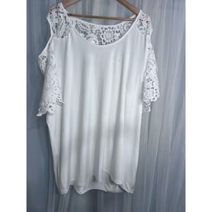 Roamans White Cold Shoulder Lace Trim Top Plus Size 2X 26/28 Boho Crochet Blouse